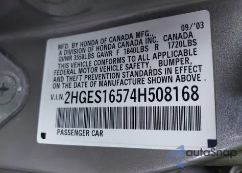 2004 Honda Civic Lx из США, поврежденный, VIN 2HGES16574H508168